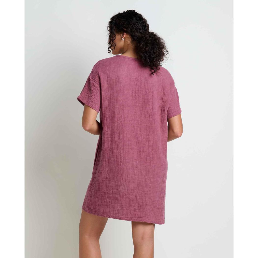 Back view of the Toad & Co Women's Tate Double Weave Short Sleeve Dress in Wild Ginger on a model against a plain white background.