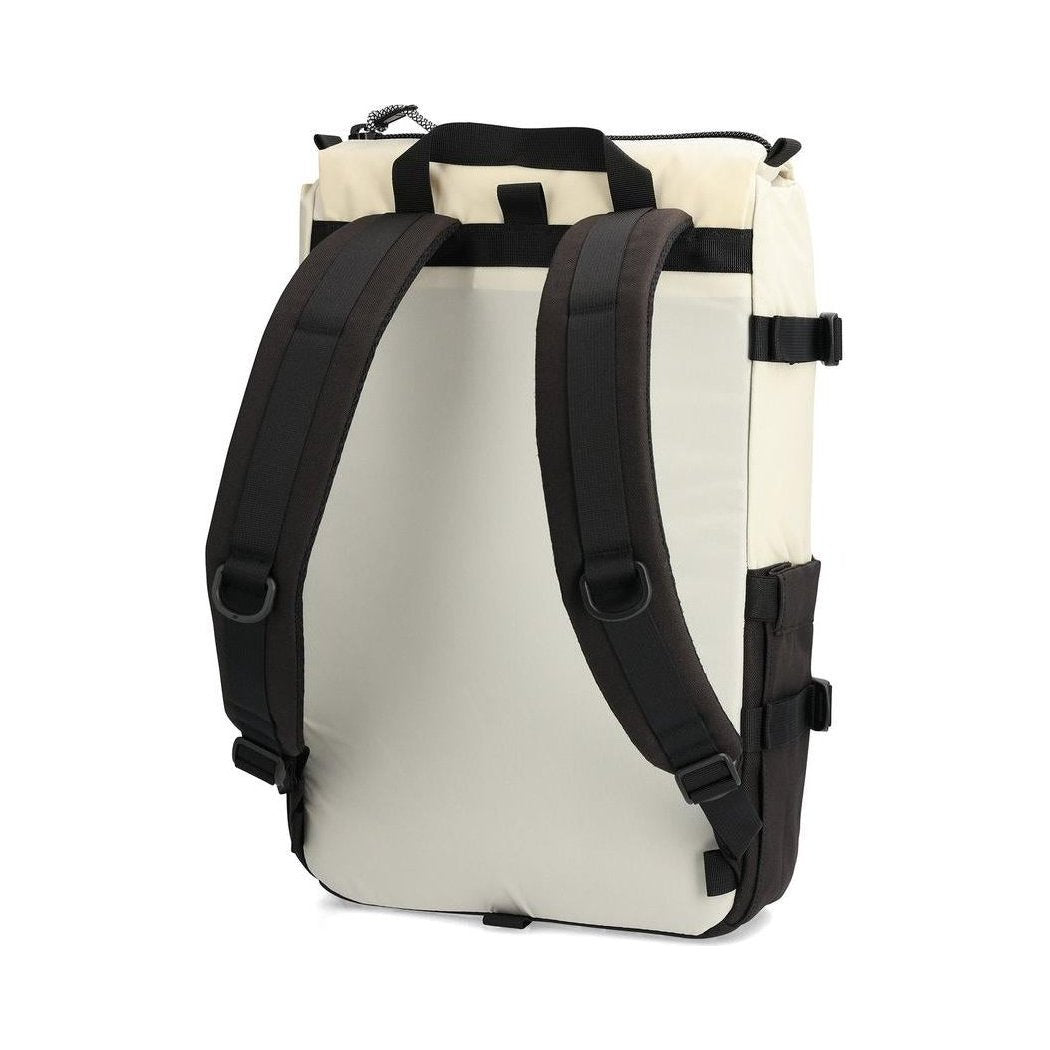 Back view of the Topo Designs Rover Pack Classic in Black/Neutral showing padded shoulder straps and a white background.