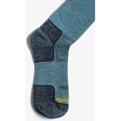 A close-up of the Tough Cuties Eve The Original Ladies Light Weight Hiker Crew sock in Blue Haze, showing the textured heel and toe areas against a plain white background.