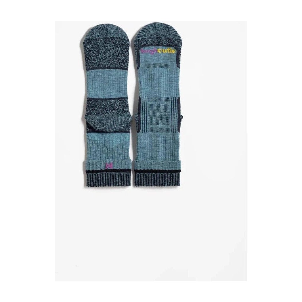 Side view of the Tough Cuties Eve The Original Ladies Light Weight Hiker Crew socks in Blue Haze showing the heel and toe padding against a white background.