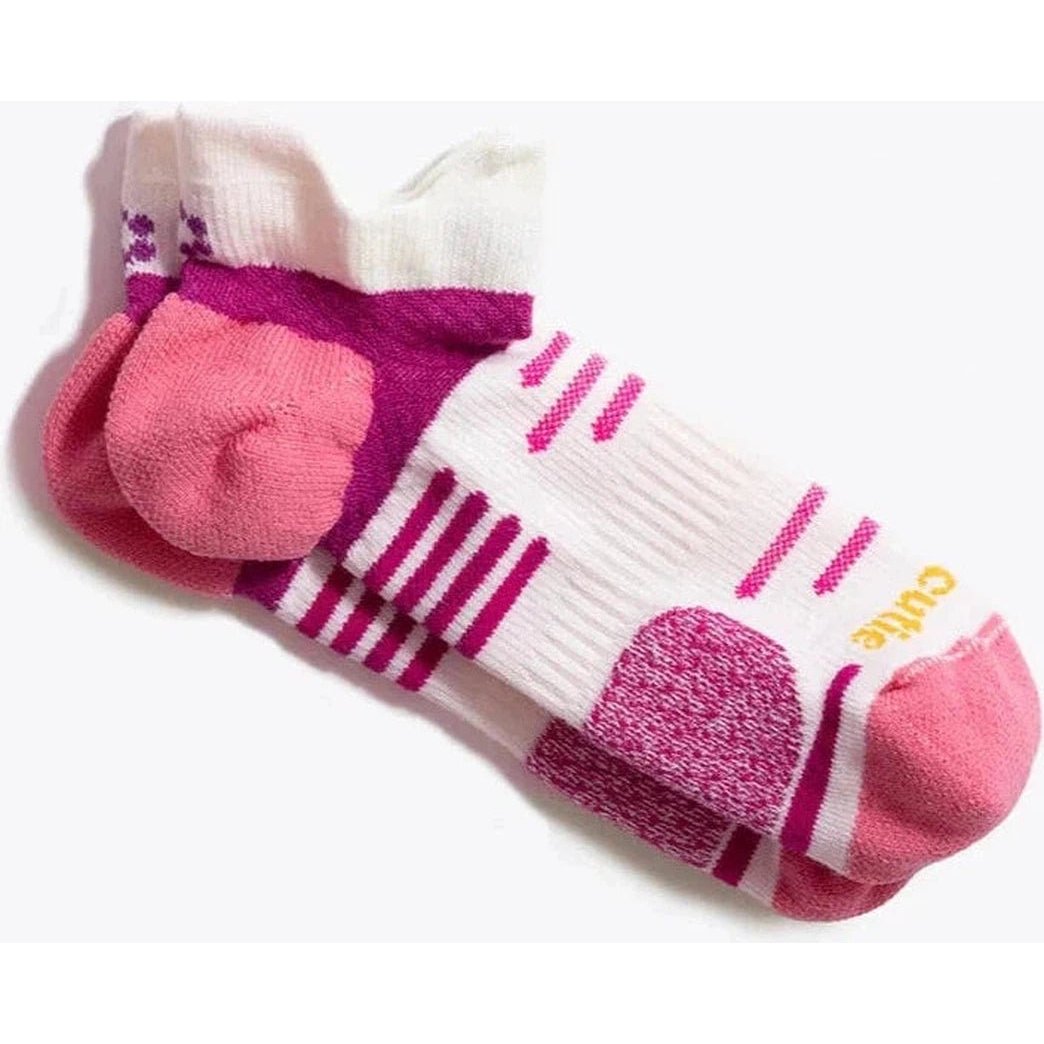A close-up of the Tough Cuties Tia - Ladies All Terrain Performance No Show Tab socks in White Blue Haze, showing the toe and heel padding against a white background.