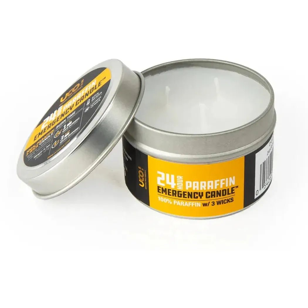 Open tin of UCO 24 Hour Paraffin Emergency Candle with lid off showing white wax and 3 wicks, on white background.