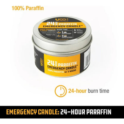 A front view of the UCO 24 Hour Paraffin Emergency Candle in a silver tin with a yellow label, showing its 24-hour burn time feature.