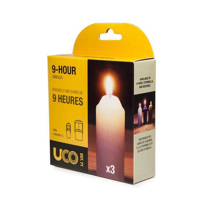 A yellow and white box of UCO 9-Hour Candles - 3 Pack with a lit candle image on the front.