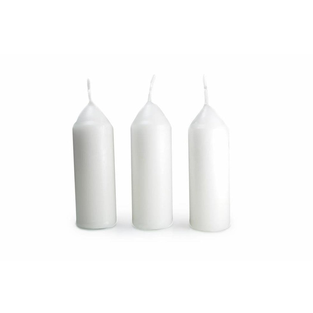 Three white UCO 9-Hour Candles - 3 Pack stand upright against a plain white background.