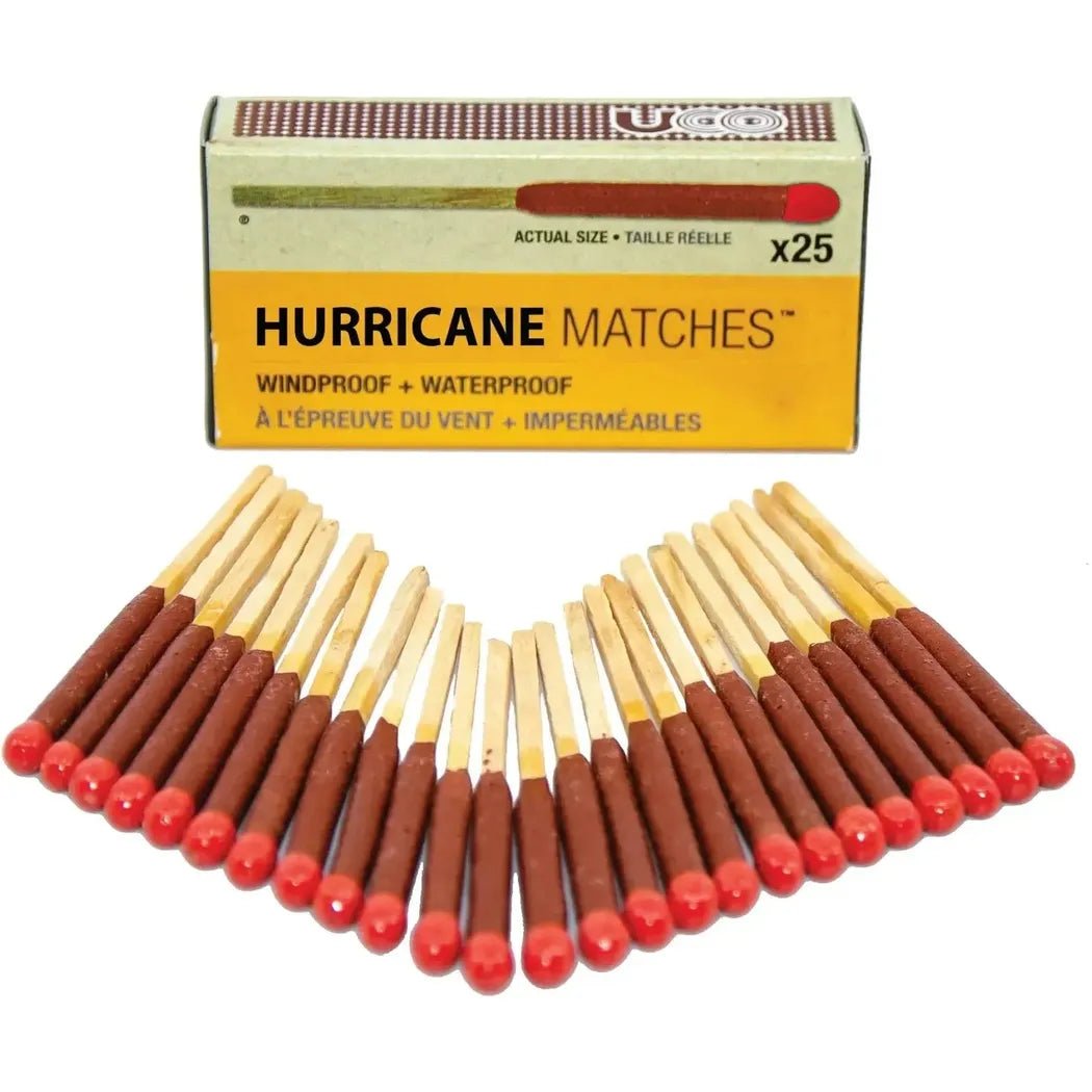 A box of UCO Hurricane Matches with 25 matches laid out in front against a white background.