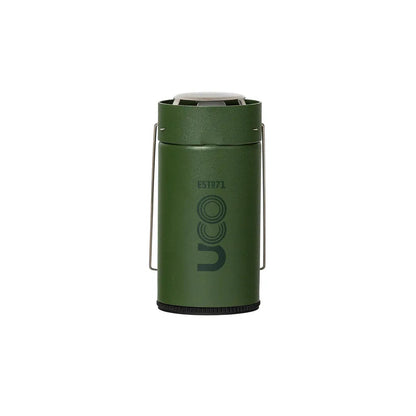 Forest green UCO Original Candle Lantern with metal handles, shown from the front against a white background.