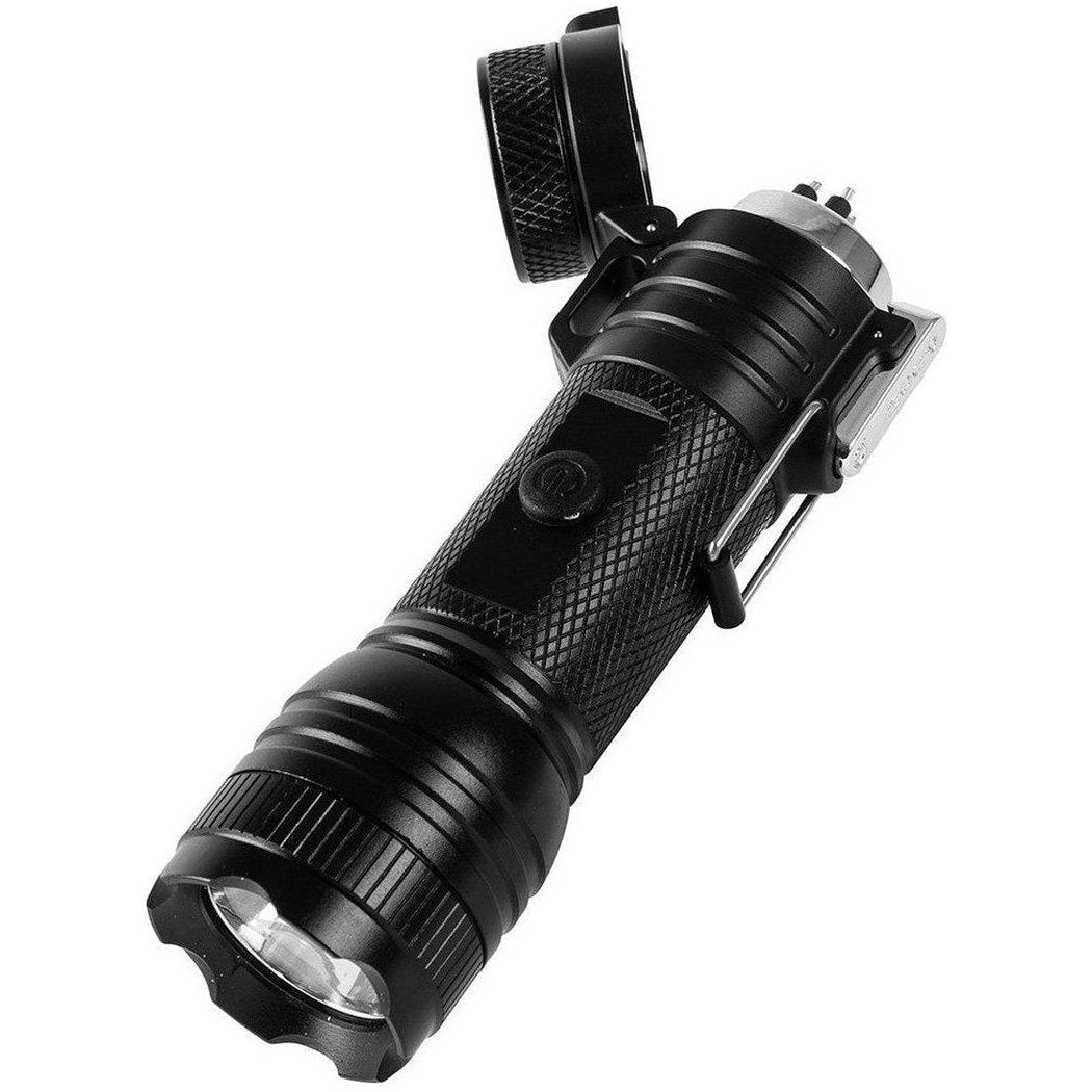 A black UCO Rechargeable Arc Lighter & LED Flashlight with a clip and textured grip, shown from a side angle against a white background.