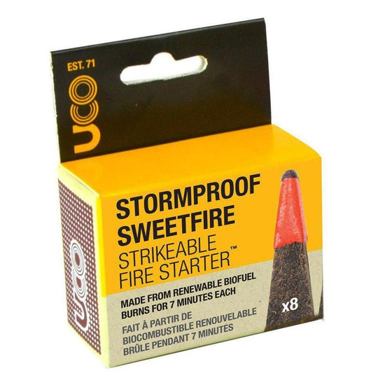 A front view of the UCO Stormproof Sweetfire strikeable fire starter box showing the product image and text against a white background.