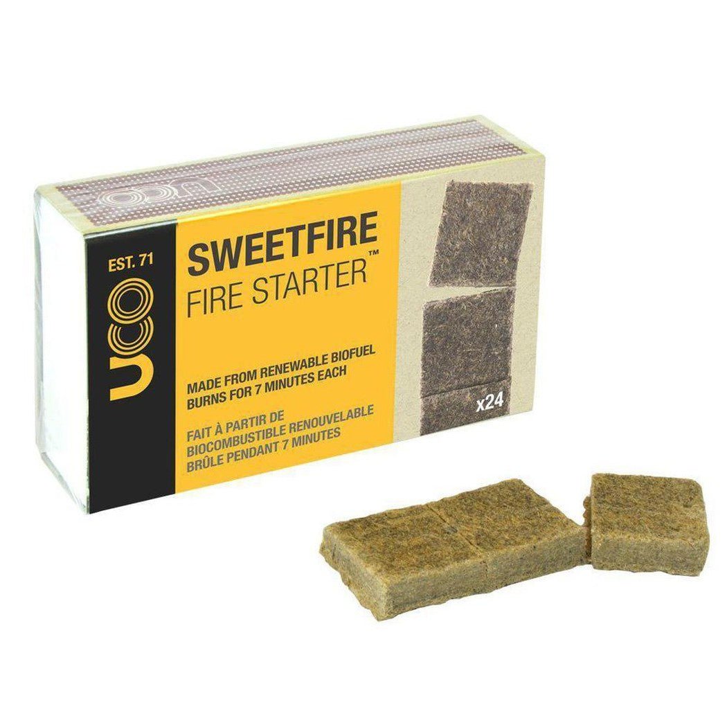 A box of UCO Sweetfire Fire Starter with two biofuel tabs in front against a white background.
