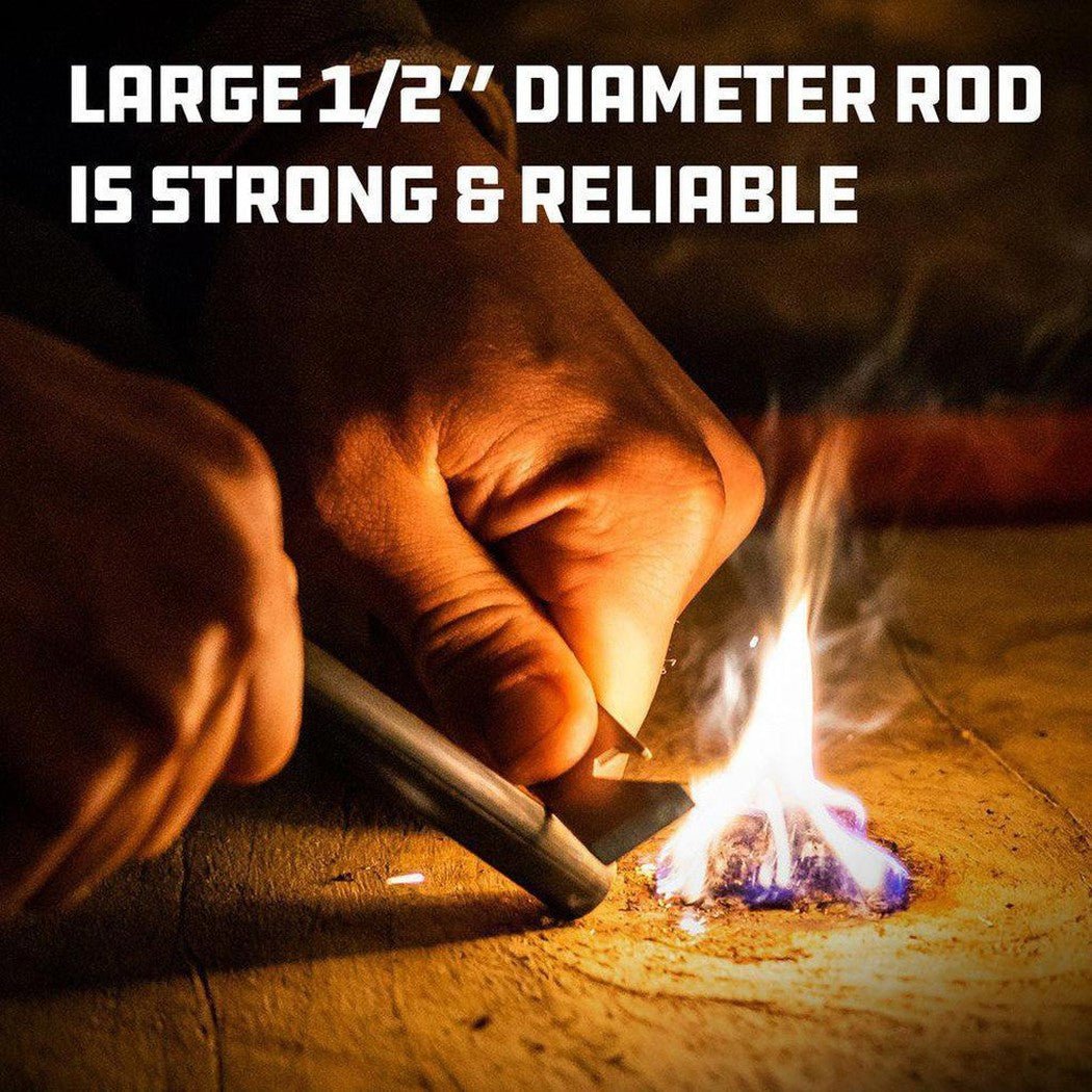 A close-up of the UCO Titan Fire Striker - Ferro Rod striking a spark on a wooden surface with blue and white flames.