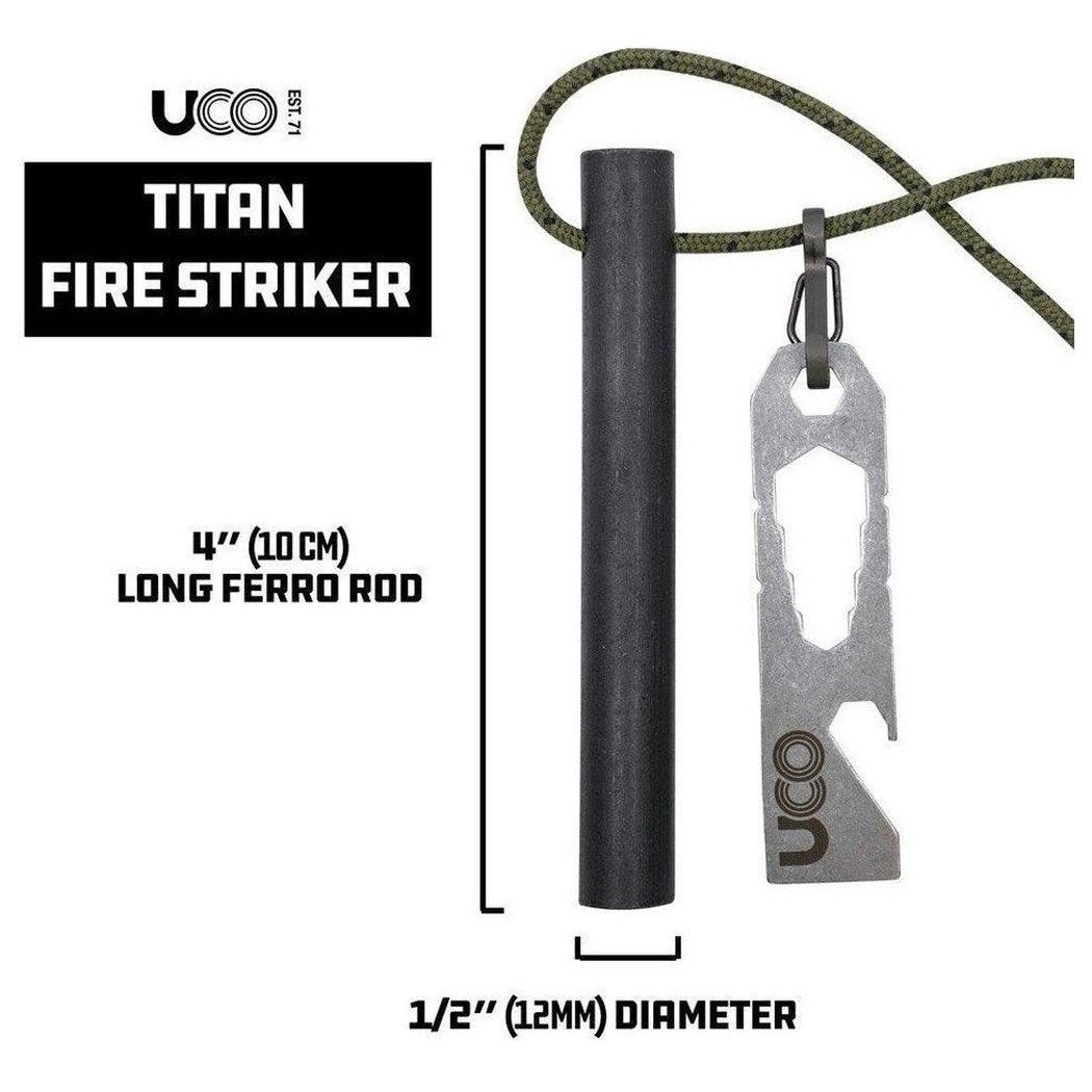The UCO Titan Fire Striker ferro rod is 4 inches long with a 1/2 inch diameter, shown in a side view with a paracord lanyard and metal tag against a white background.