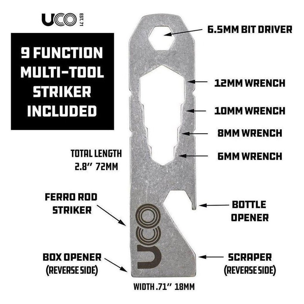 A side view of the UCO 9 Function Multi-Tool Striker showing its various tools and dimensions.
