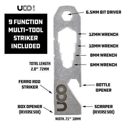 A side view of the UCO 9 Function Multi-Tool Striker showing its various tools and dimensions.