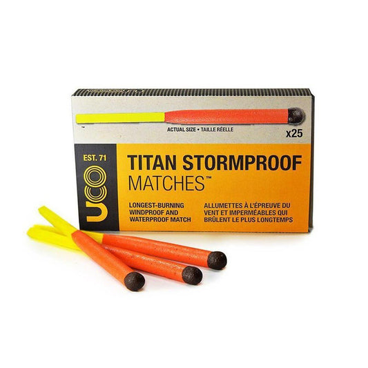 A box of UCO Titan Stormproof Matches with three matches in front against a white background.