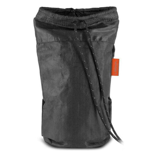 A charcoal Ursack AllMitey food storage bag with drawstrings and an orange tag, photographed from the front against a white background.