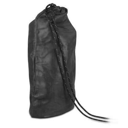 A side view of the black Ursack Major XL food storage bag with drawstrings against a white background.