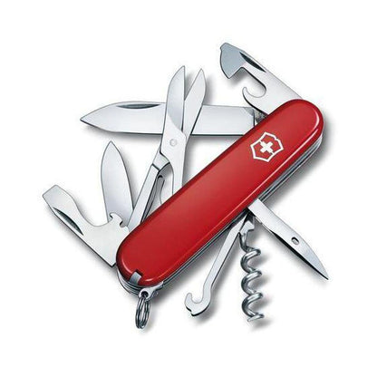 A black Victorinox Climber multi-tool with scissors, a corkscrew, and a bottle opener visible, photographed against a white background.