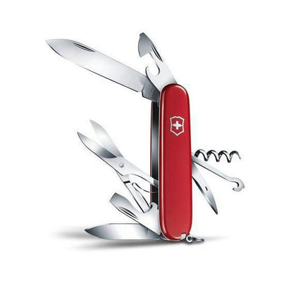 A black Victorinox Climber multi-tool with a corkscrew and scissors, displayed against a white background.