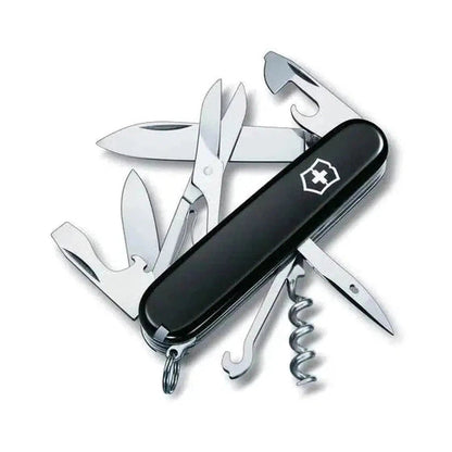 A black Victorinox Climber multi-tool with scissors, a corkscrew, and other tools visible, photographed against a white background.