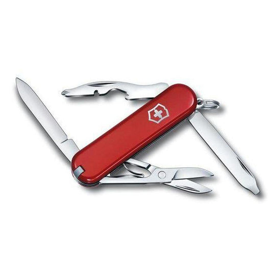 A red Victorinox Rambler pocket knife with a white cross logo, showing the blade, scissors, and corkscrew against a white background.