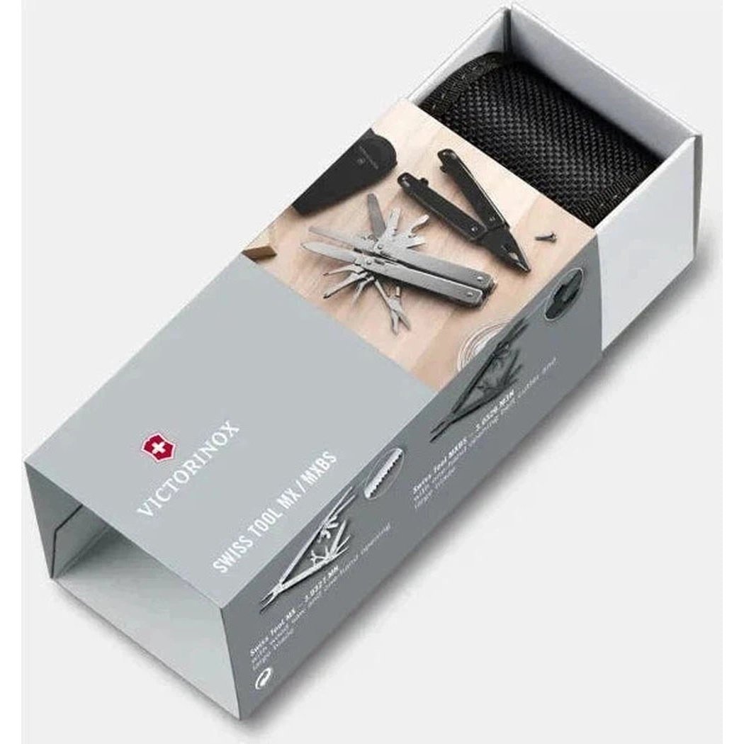 A gray Victorinox Swiss Tool Spirit MX box shows the multi-tool and nylon pouch inside.