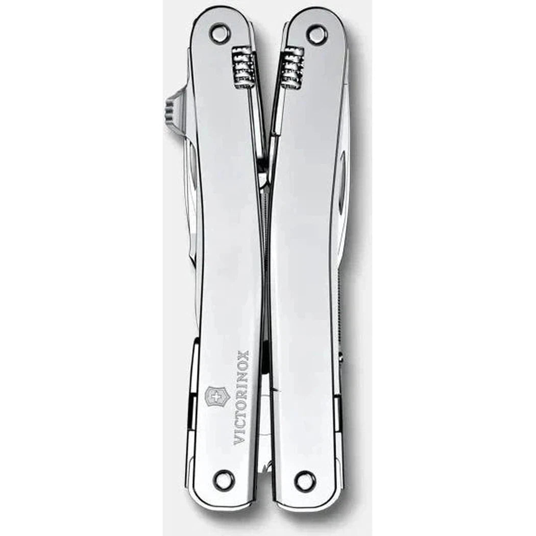 A silver Victorinox Swiss Tool Spirit MX with a nylon pouch, shown in a top-down view against a white background.