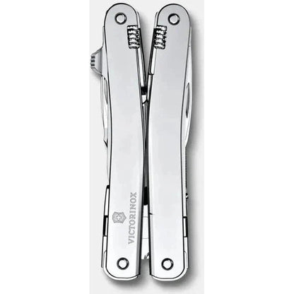 A silver Victorinox Swiss Tool Spirit MX with a nylon pouch, shown in a top-down view against a white background.