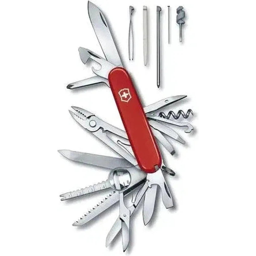 A red Victorinox SwissChamp multi-tool with various tools extended, displayed against a white background.