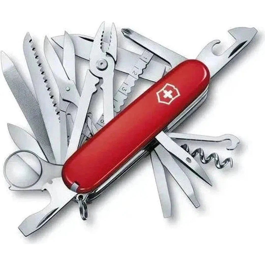 A red Victorinox SwissChamp multi-tool with various tools extended, photographed from a top-down angle against a white background.
