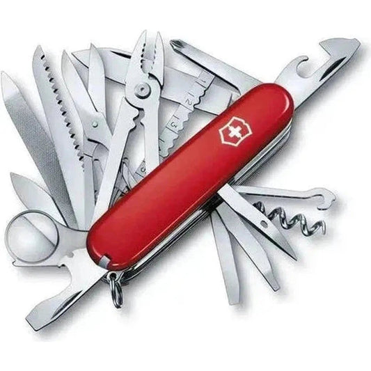 A red Victorinox SwissChamp multi-tool with various tools extended, photographed from a top-down angle against a white background.
