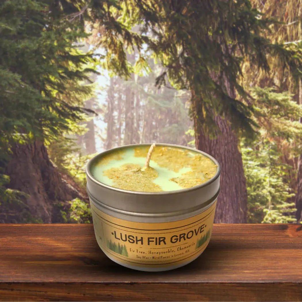 A 4 oz Wanderlust Folk Lush Fir Grove candle sits on a wooden surface with a forest background.