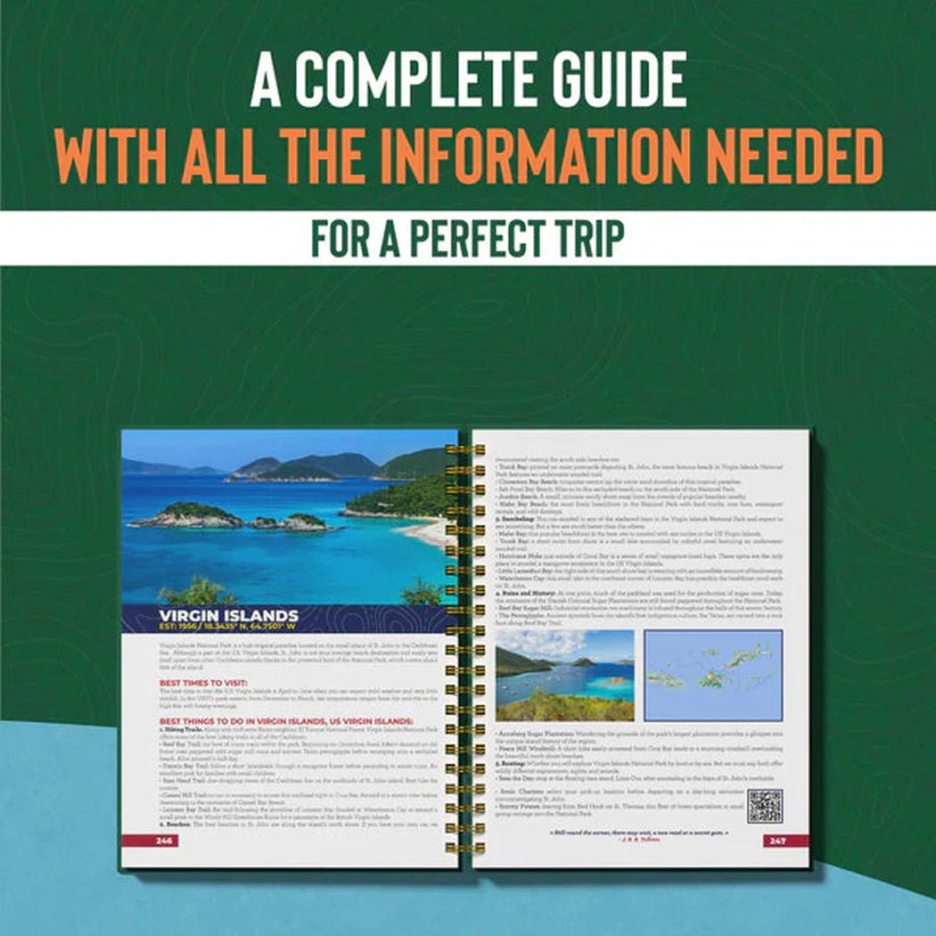 A spiral-bound Wanderstate National Parks Bucket List Adventure Guide & Journal open to a Virgin Islands page with text and images.