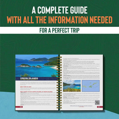 A spiral-bound Wanderstate National Parks Bucket List Adventure Guide & Journal open to a Virgin Islands page with text and images.