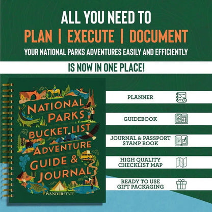A close-up of the Wanderstate National Parks Bucket List Adventure Guide & Journal on a green background with white and orange text.