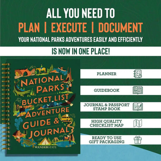 A close-up of the Wanderstate National Parks Bucket List Adventure Guide & Journal on a green background with white and orange text.