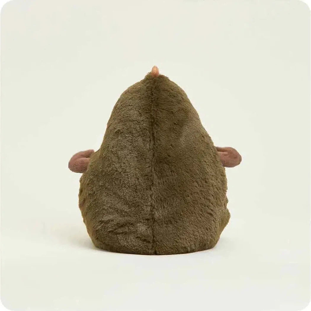Back view of the Warmies Avocado plush toy with brown fur and pink ears against a plain white background.
