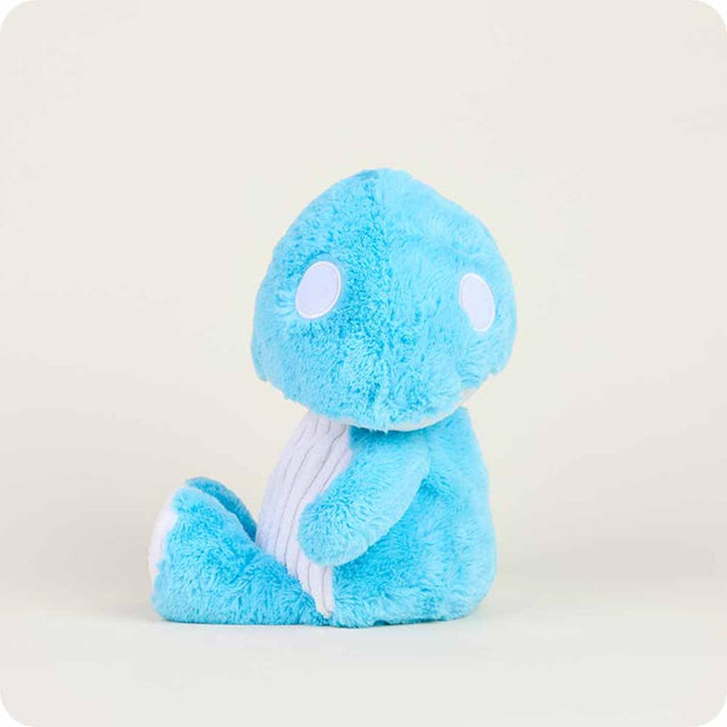A side view of the Warmies Blue Mushroom plush toy showing its ribbed belly against a plain white background.