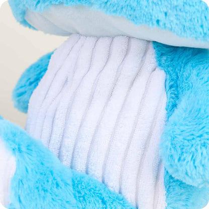Close-up of the Warmies Blue Mushroom showing the soft blue fur and white ribbed interior against a light background.