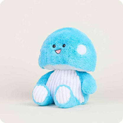 A front view of the Warmies Blue Mushroom plush toy showing its white ribbed belly and light blue background.