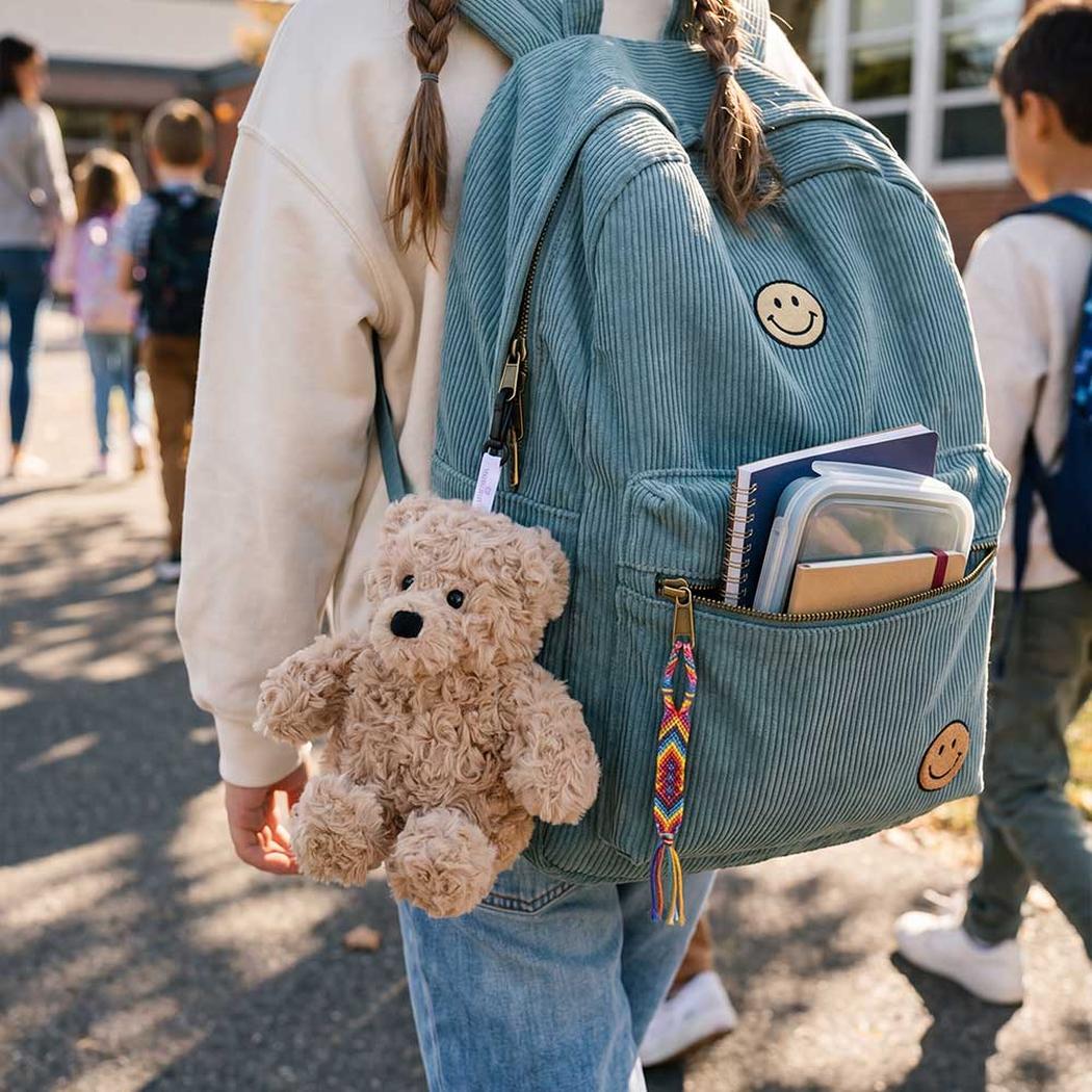 Back view of the Warmies Brown Curly Bear Bag Charm attached to a blue backpack with a smiley face patch, showing a school background.