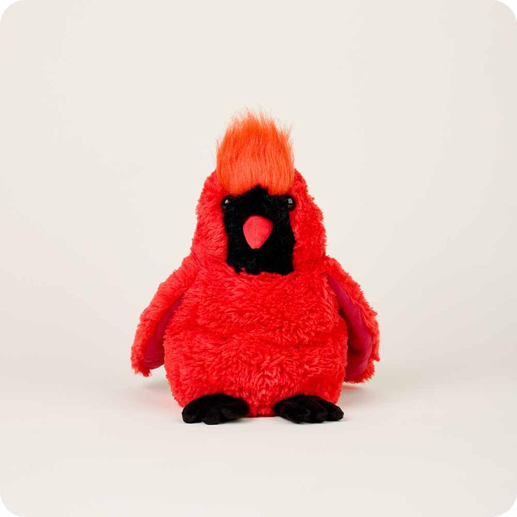 A front view of the Warmies Cardinal plush toy with bright orange crest and black face against a plain white background.