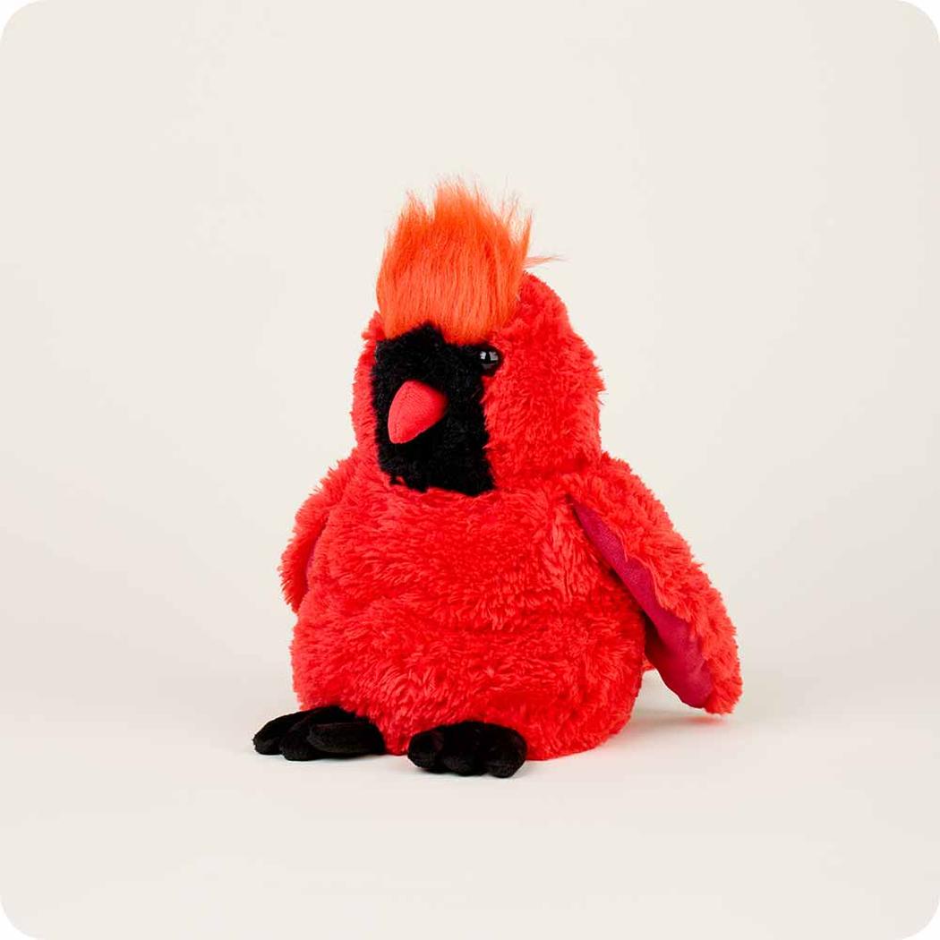 A front view of the Warmies Cardinal plush toy with bright orange crest and black beak against a plain white background.