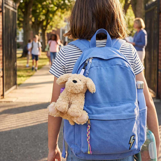 A girl in a striped shirt wears a blue backpack with a Warmies Curly Dog Bag Charm attached, walking down a sidewalk with other people in the background.