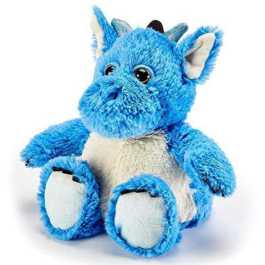 A front view of the Warmies Dragon stuffed animal with blue fur and white paws on a white background.