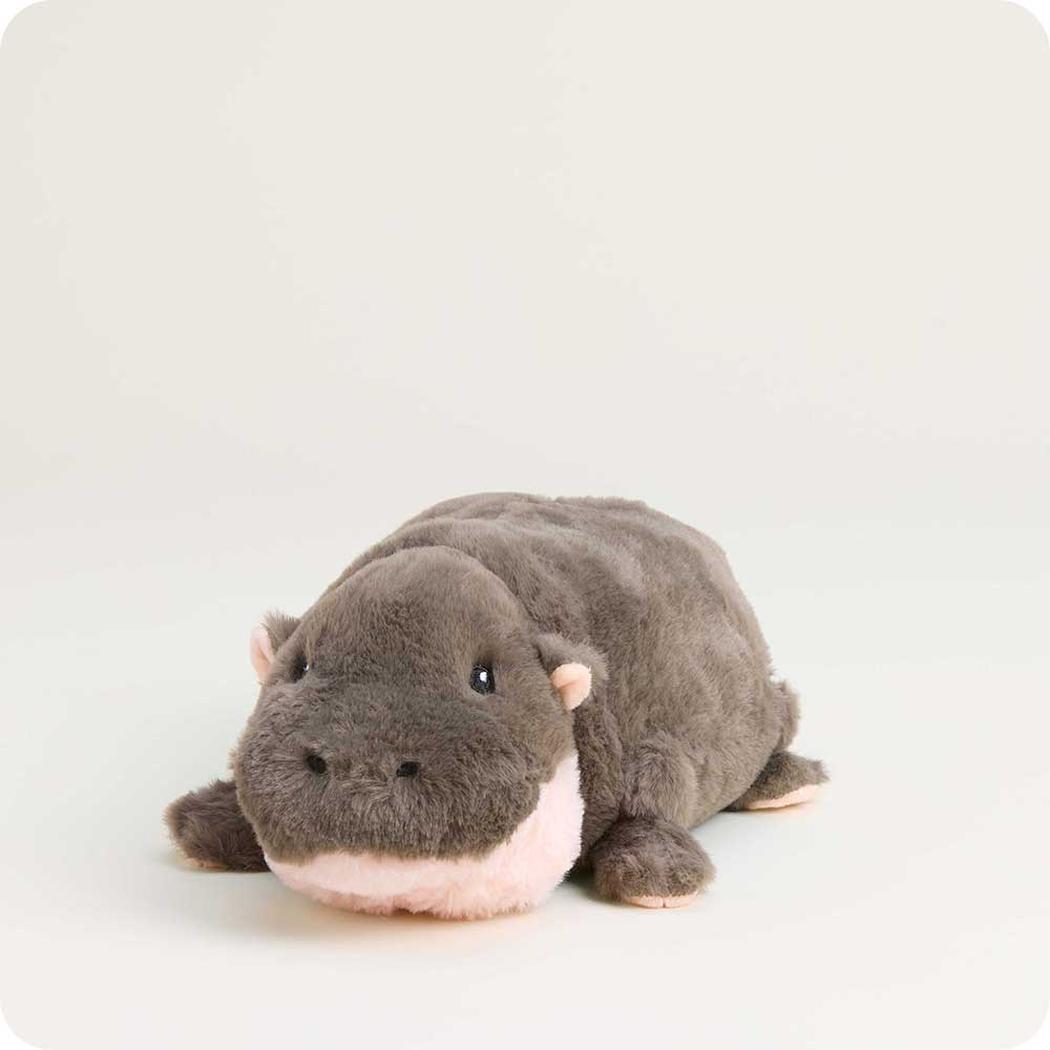 A front view of the Warmies Hippo plush toy with a light background.