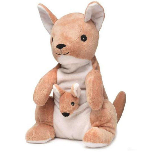 A front view of the Warmies Kangaroo stuffed animal with a joey in its pouch against a white background.
