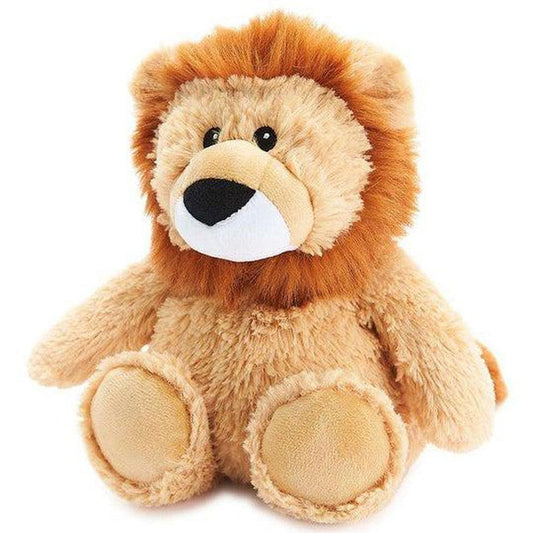 A front-facing Warmies Lion plush toy with a brown mane and light brown body sits against a white background.