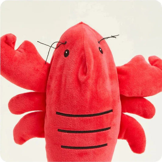 A front view of the Warmies Lobster plush toy showing its black stitched face and claws against a plain white background.