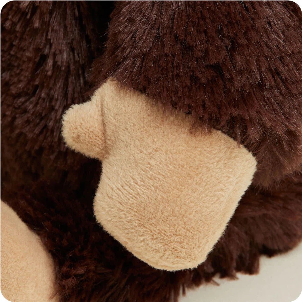 Close-up of the Warmies Monkey showing its brown fur and tan paw against a white background.